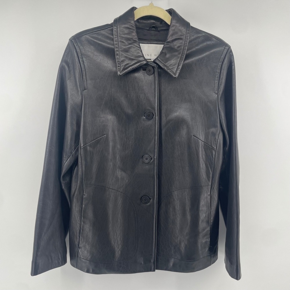 Nine West Leather Jacket Womens L Black Button Front Blazer Coat Outerwear 90s